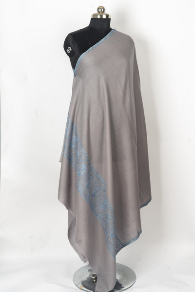 Graceful Elegance: Hand-Embroidered Sozni Paisley Merino Wool Shawl in Silver Grey