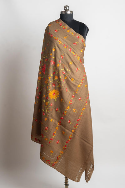Brown Merino Wool Shawl with Hand Aari Floral Embroidery
