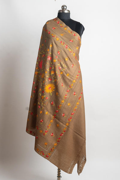 Brown Merino Wool Shawl with Hand Aari Floral Embroidery