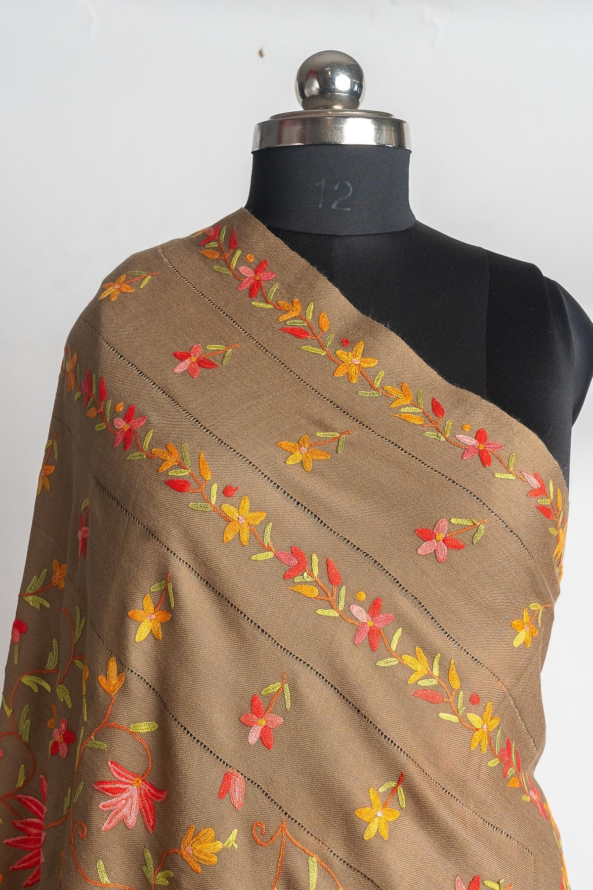 Brown Merino Wool Shawl with Hand Aari Floral Embroidery