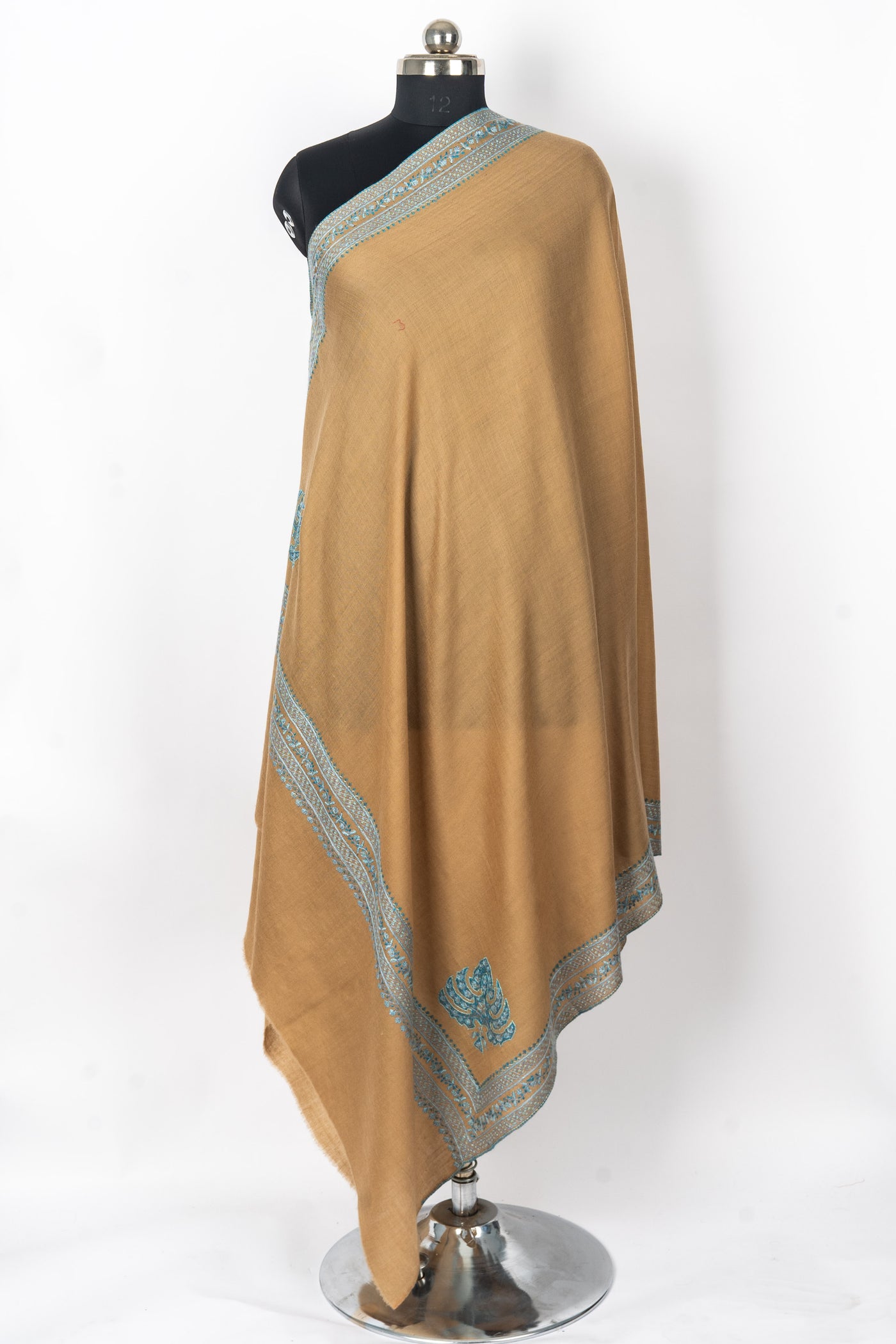 Desert Bloom: Hand-Embroidered Sozni Paisley Merino Wool Shawl in Sandy Beige