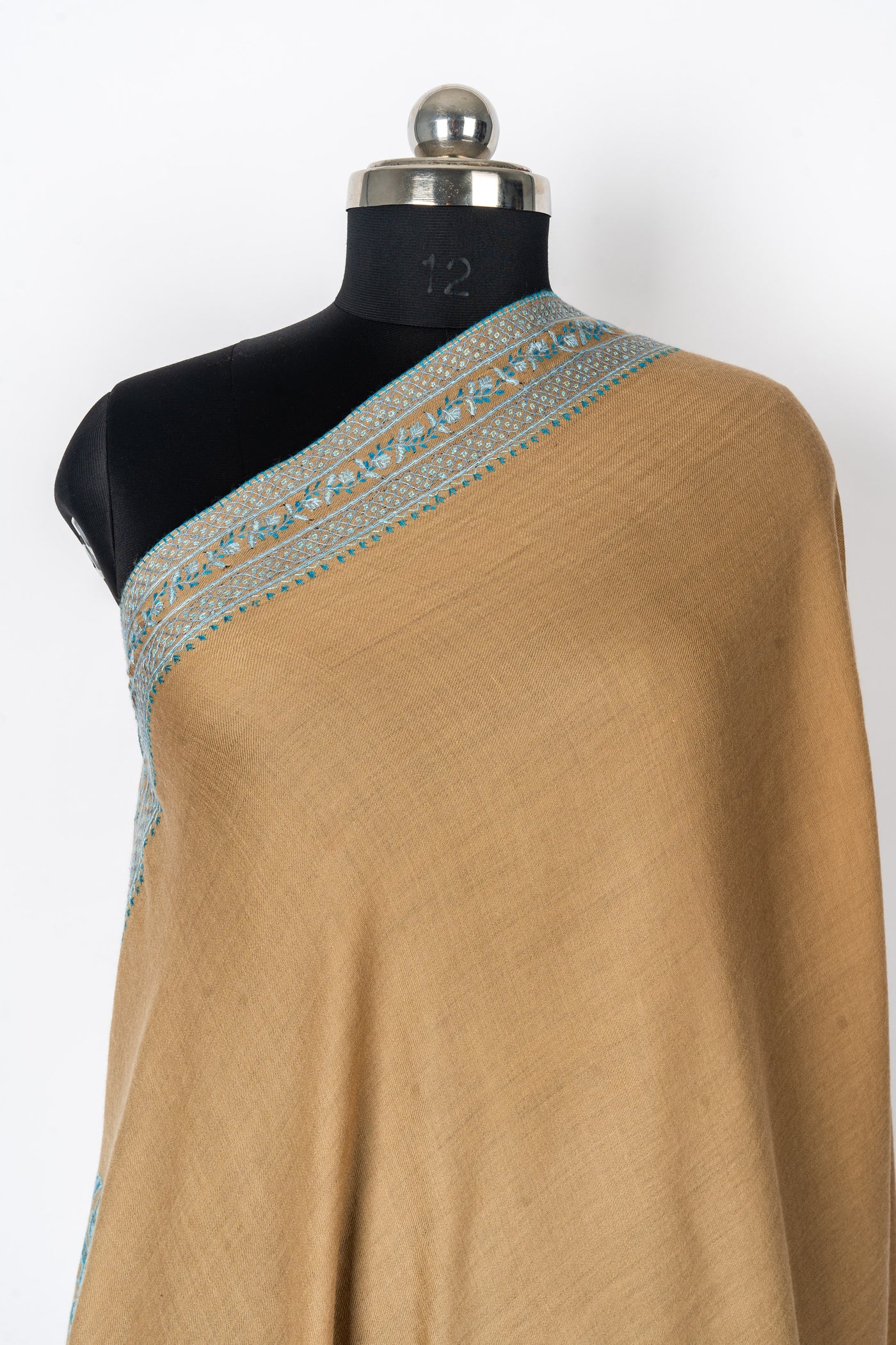 Desert Bloom: Hand-Embroidered Sozni Paisley Merino Wool Shawl in Sandy Beige