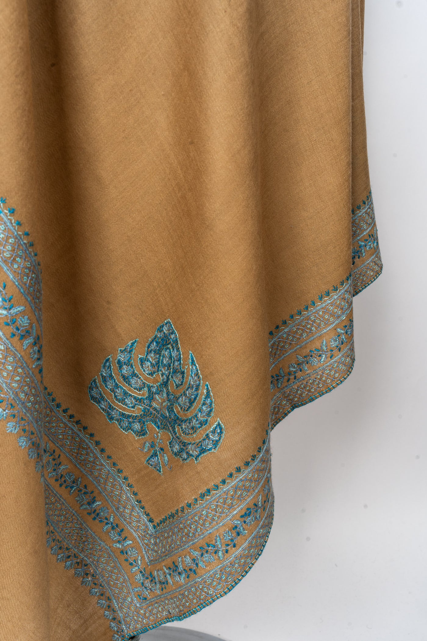 Desert Bloom: Hand-Embroidered Sozni Paisley Merino Wool Shawl in Sandy Beige