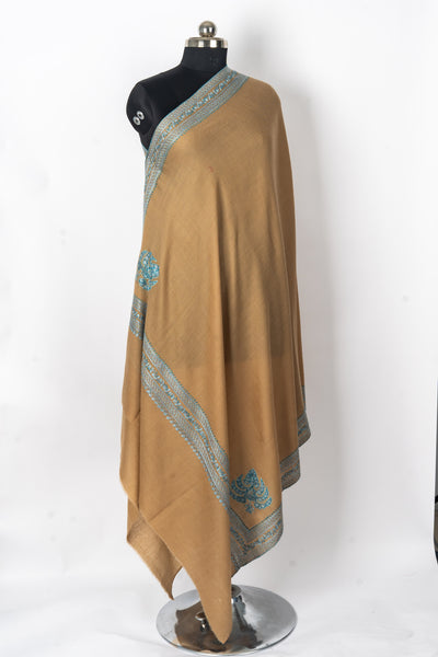 Desert Bloom: Hand-Embroidered Sozni Paisley Merino Wool Shawl in Sandy Beige