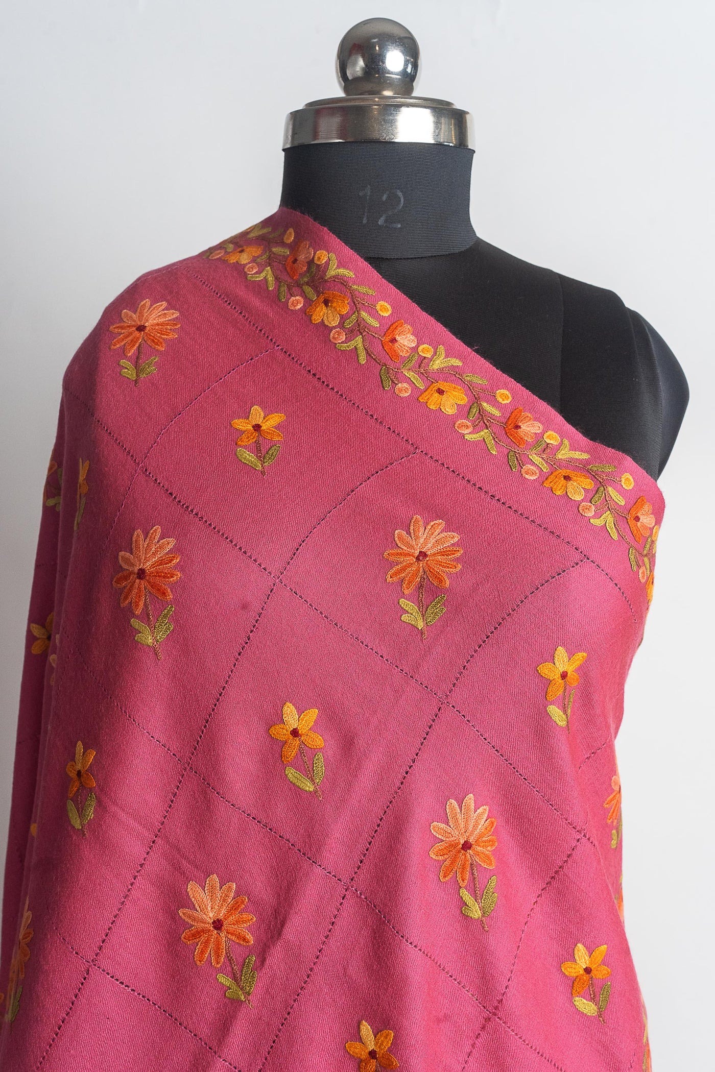 Pink Merino Wool Shawl with Intricate Hand Aari Floral Embroidery