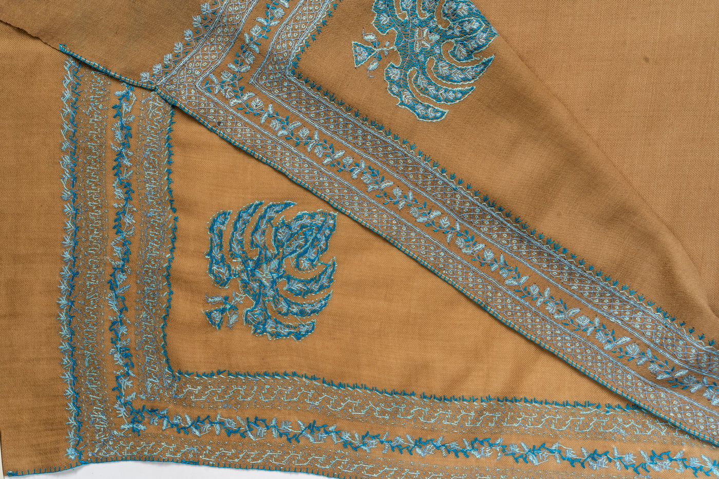 Desert Bloom: Hand-Embroidered Sozni Paisley Merino Wool Shawl in Sandy Beige