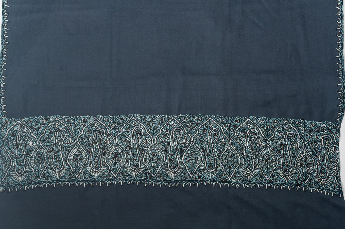 Twilight Charm: Hand-Embroidered Sozni Paisley Merino Wool Shawl in Slate Blue