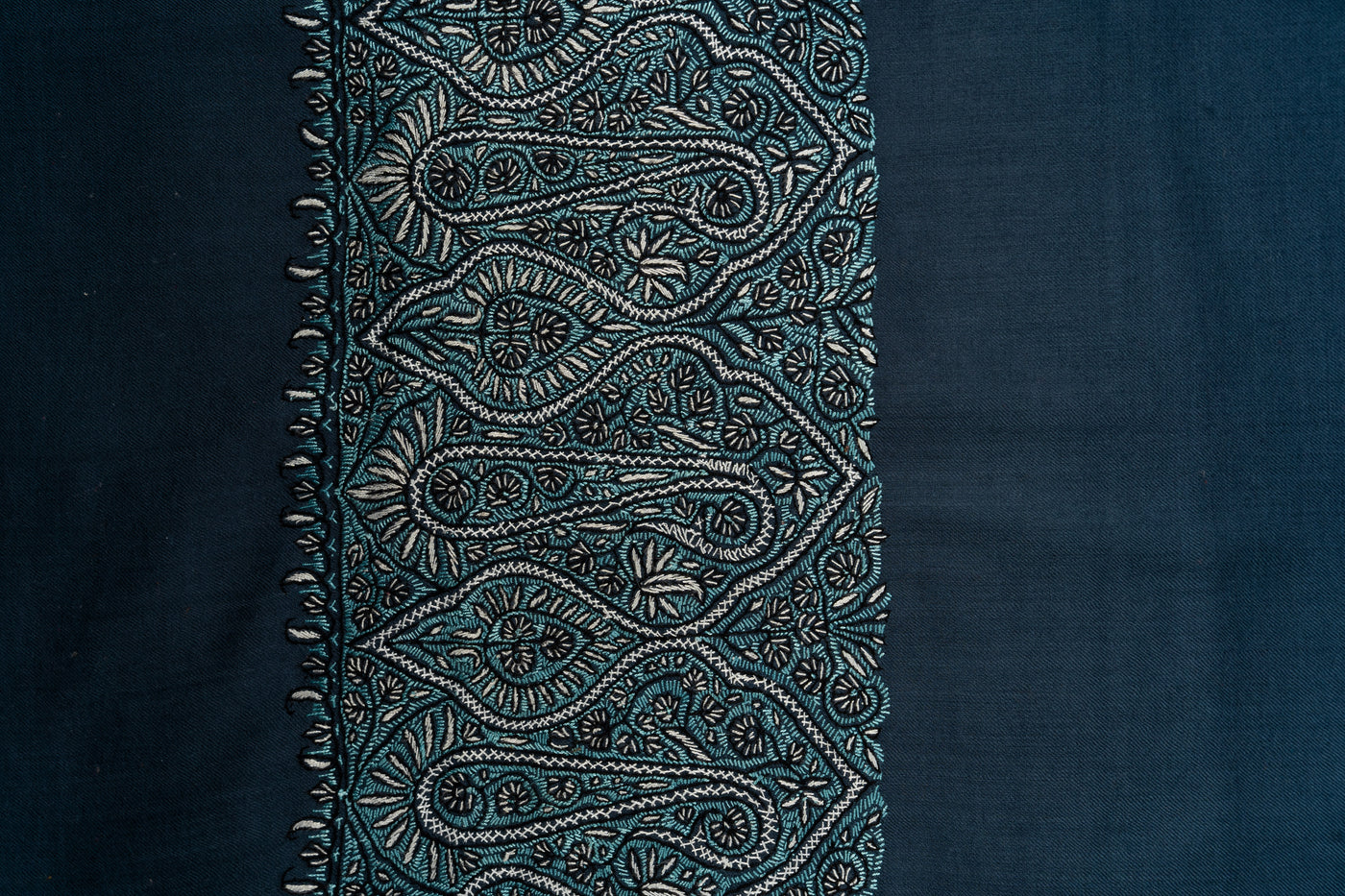 Twilight Charm: Hand-Embroidered Sozni Paisley Merino Wool Shawl in Slate Blue