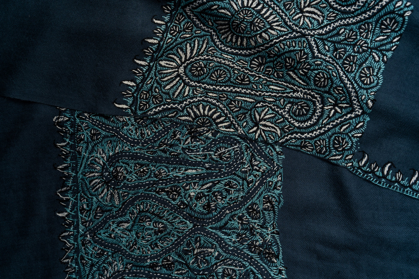 Twilight Charm: Hand-Embroidered Sozni Paisley Merino Wool Shawl in Slate Blue