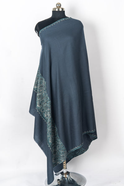 Twilight Charm: Hand-Embroidered Sozni Paisley Merino Wool Shawl in Slate Blue