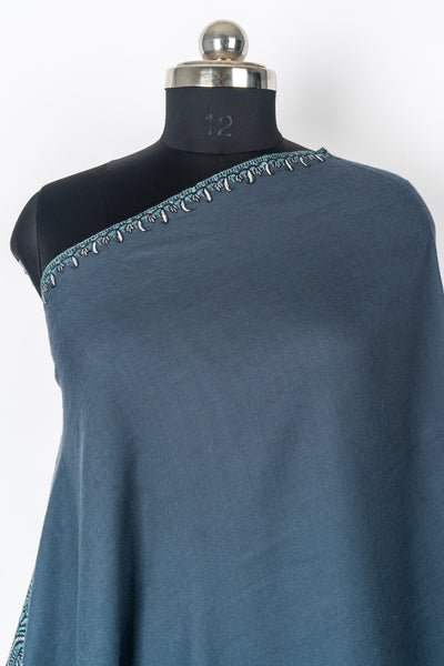 Twilight Charm: Hand-Embroidered Sozni Paisley Merino Wool Shawl in Slate Blue