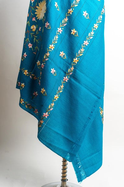 Sky Blue Merino Wool Shawl with Intricate Hand Aari Embroidery