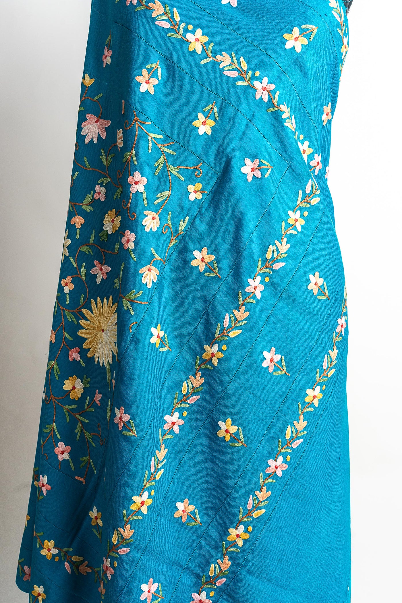 Sky Blue Merino Wool Shawl with Intricate Hand Aari Embroidery