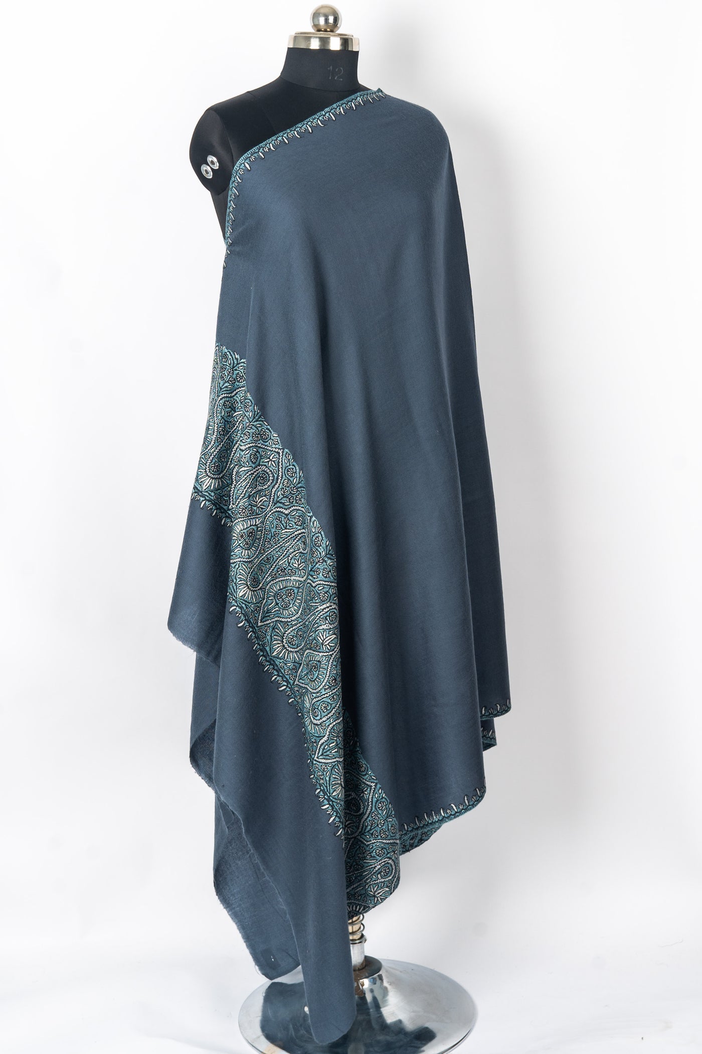 Twilight Charm: Hand-Embroidered Sozni Paisley Merino Wool Shawl in Slate Blue