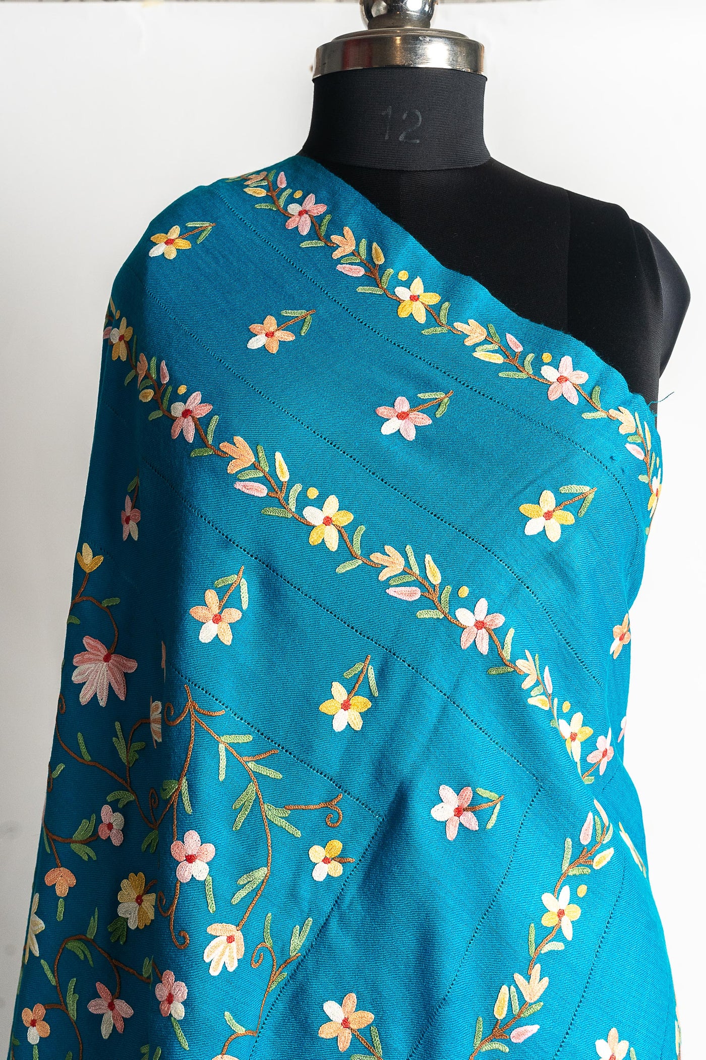 Sky Blue Merino Wool Shawl with Intricate Hand Aari Embroidery