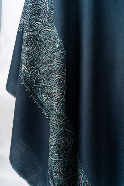 Twilight Charm: Hand-Embroidered Sozni Paisley Merino Wool Shawl in Slate Blue