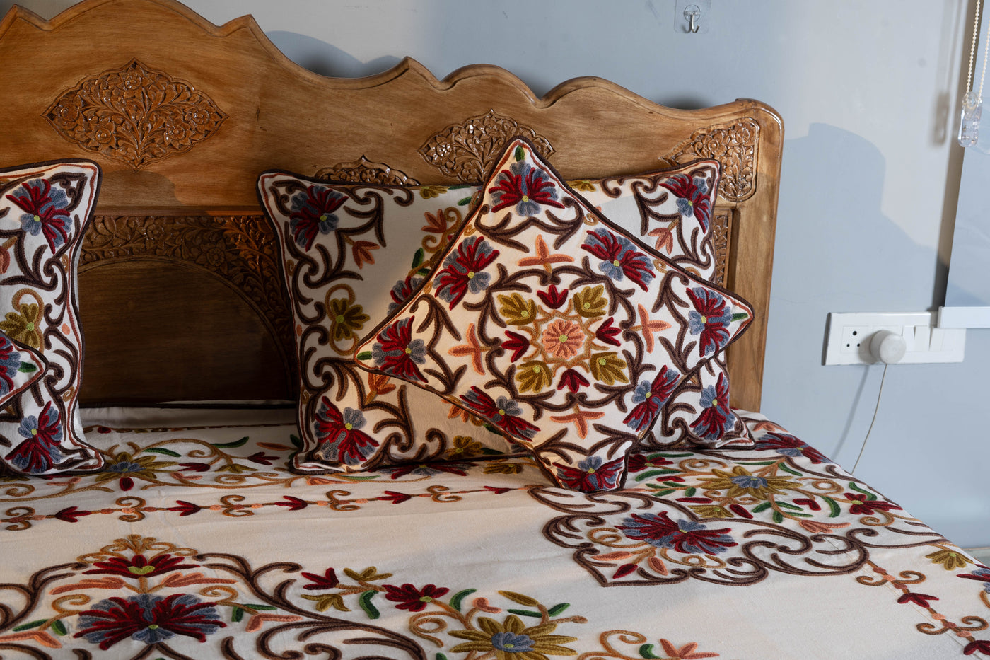 Kashmiri Crewel Hand-Embroidered King-Size Bed Cover Set with Pillow & Cushion Covers