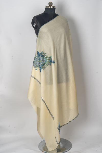 Ivory Grace: Hand-Embroidered Sozni Paisley Merino Wool Shawl with Floral Flourish