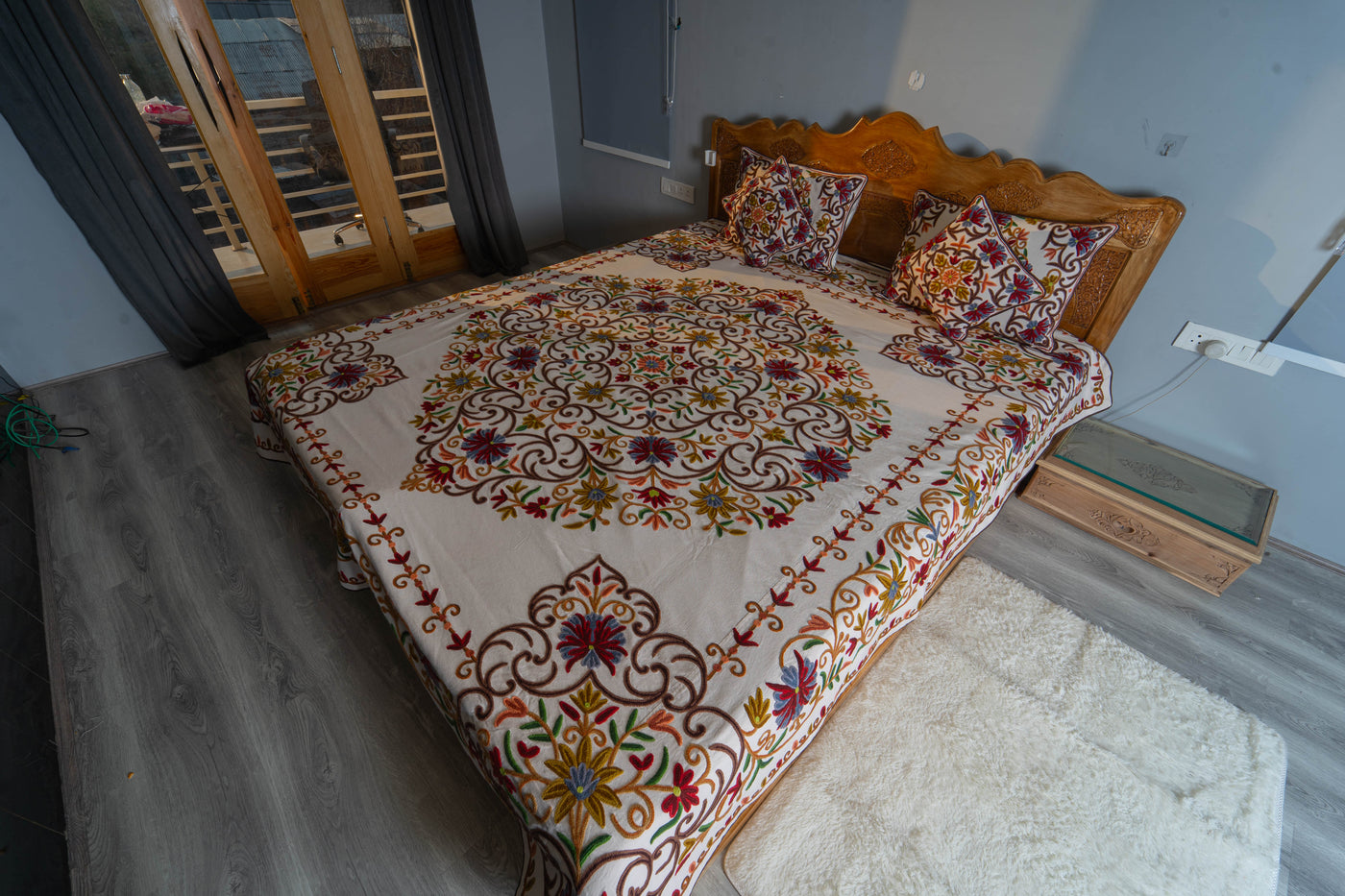 Kashmiri Crewel Hand-Embroidered King-Size Bed Cover Set with Pillow & Cushion Covers