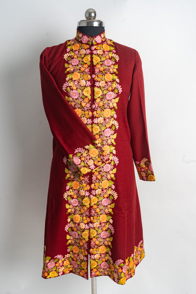 Ruby Blossom Kashmiri Aari Embroidery Long Jacket