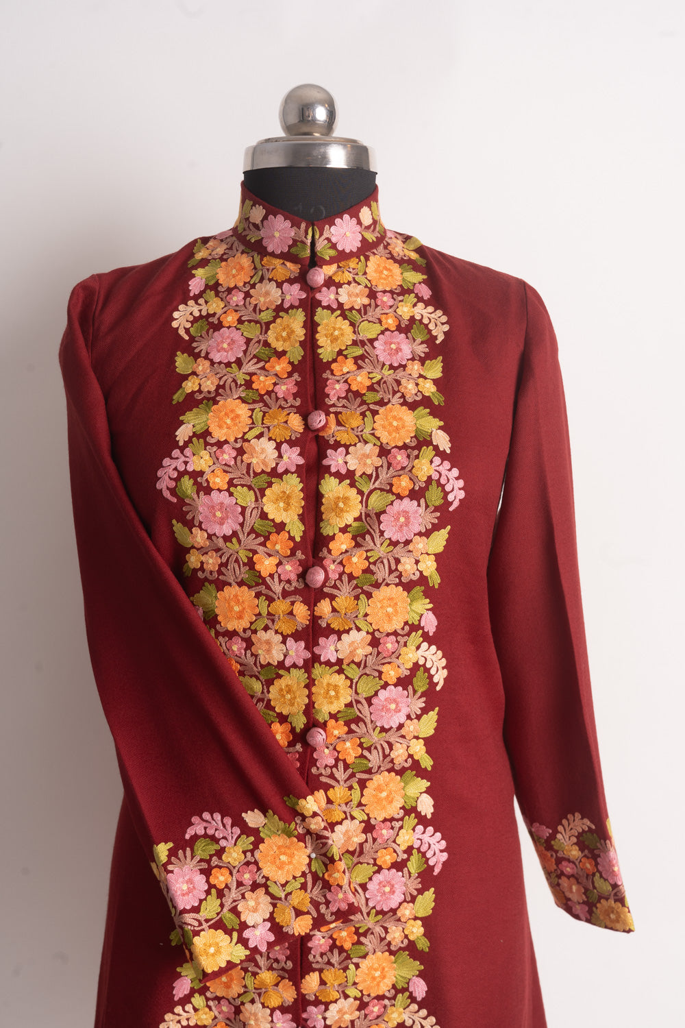 Ruby Blossom Kashmiri Aari Embroidery Long Jacket