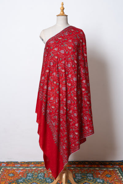 Surkh Gul – Scarlet Sozni Hand-Embroidered Pashmina Shawl