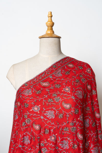 Surkh Gul – Scarlet Sozni Hand-Embroidered Pashmina Shawl