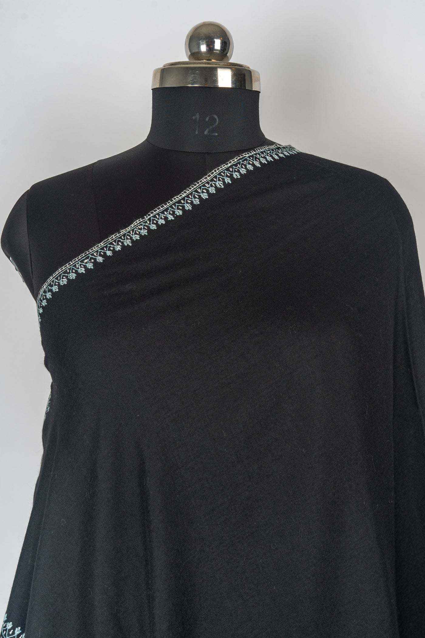 Midnight Sozni: Hand-Embroidered Merino Wool Shawl in Black and Aqua