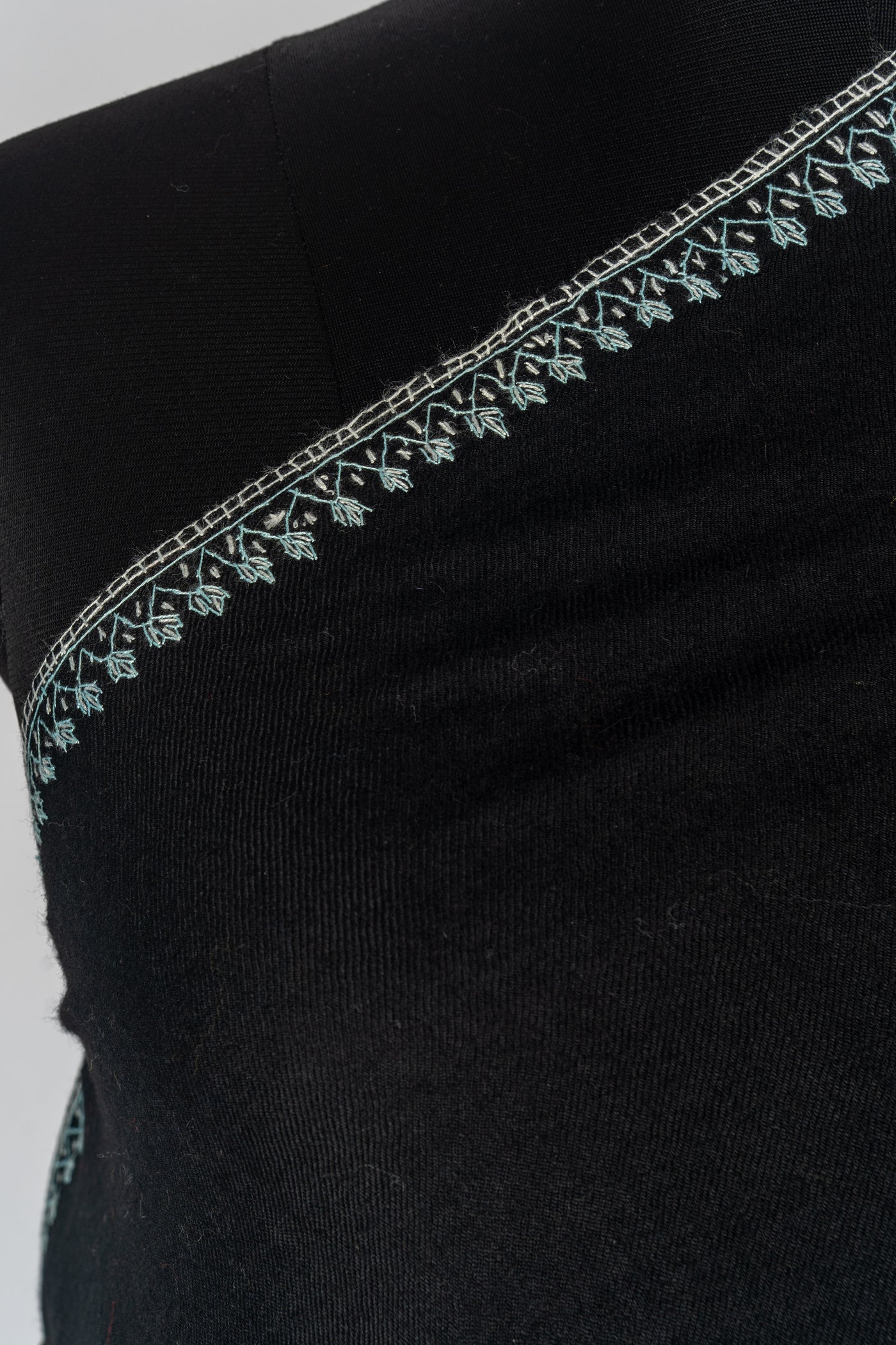 Midnight Sozni: Hand-Embroidered Merino Wool Shawl in Black and Aqua