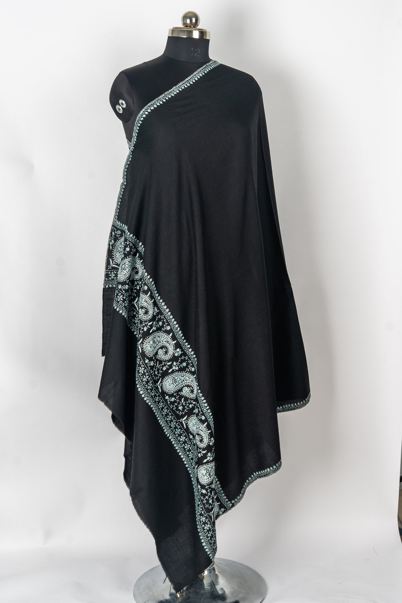 Midnight Sozni: Hand-Embroidered Merino Wool Shawl in Black and Aqua