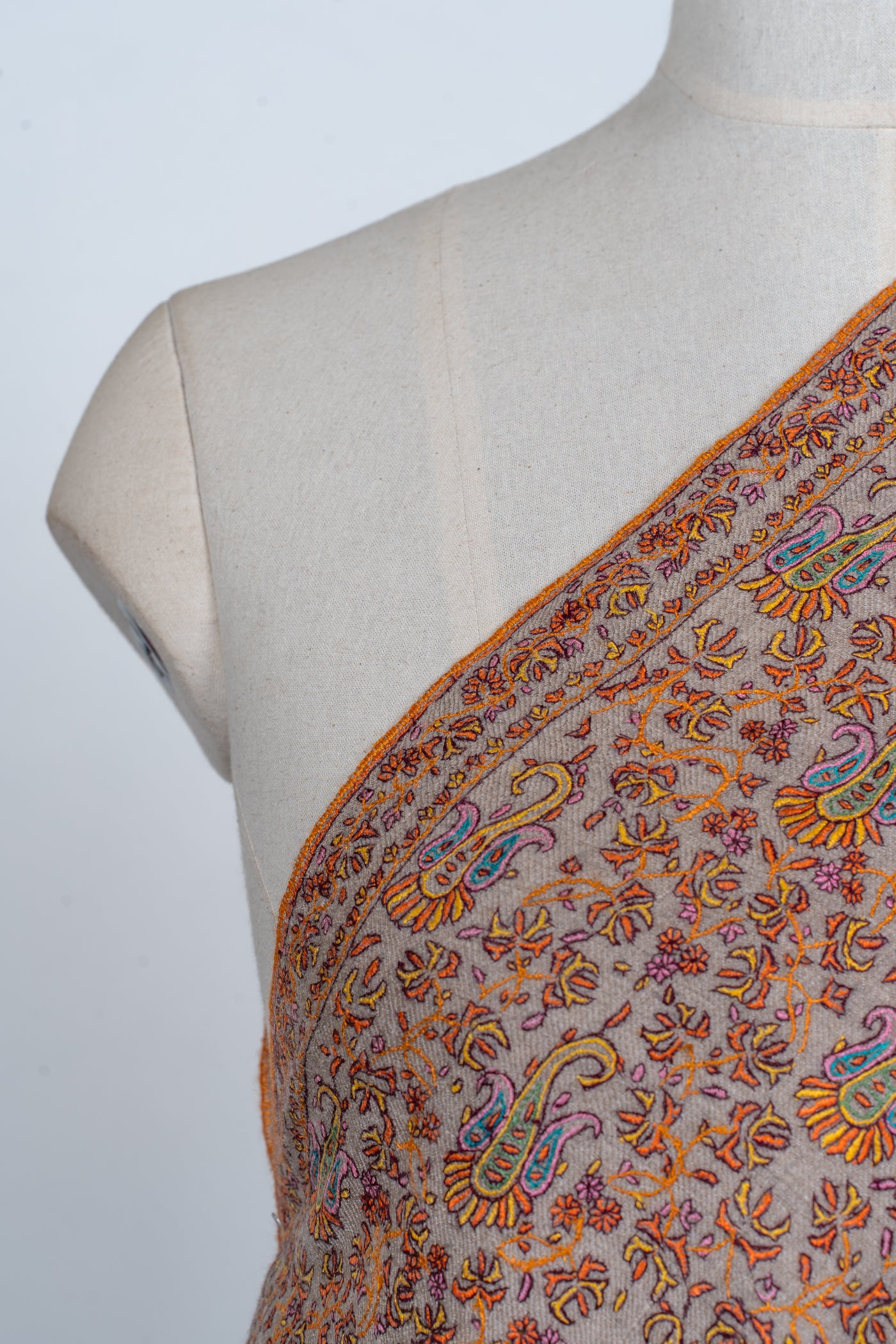 Bahaar – Taupe Sozni Hand-Embroidered Pashmina Jama Shawl