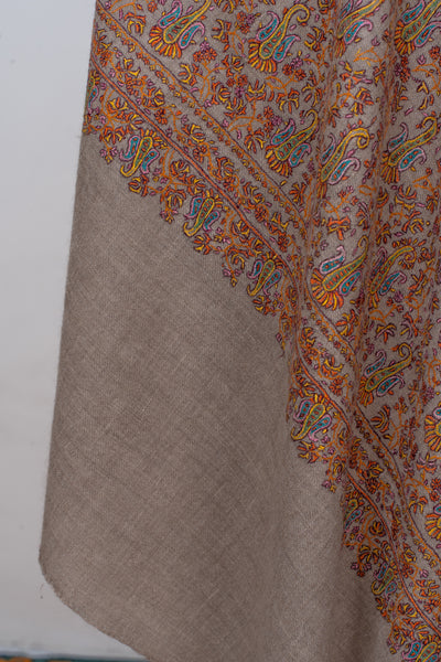 Bahaar – Taupe Sozni Hand-Embroidered Pashmina Jama Shawl