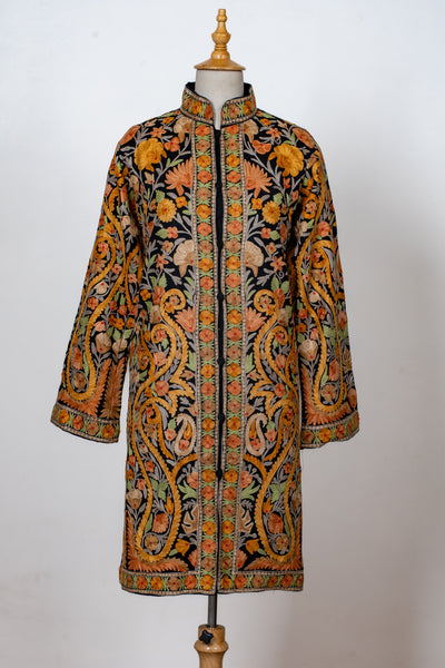 Noor-e-Zafran: Aari Embroidered Long Jacket in Black Base