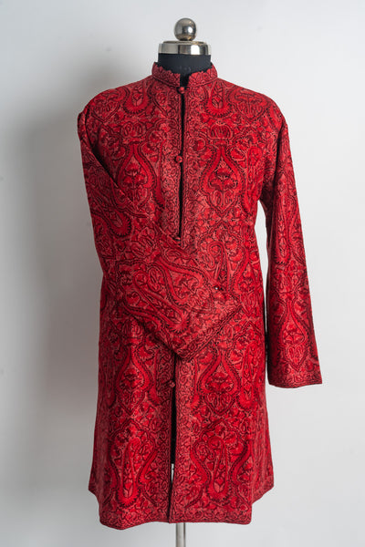 Heavily Hand-Embroidered Crimson Majesty Jamawar Jacket