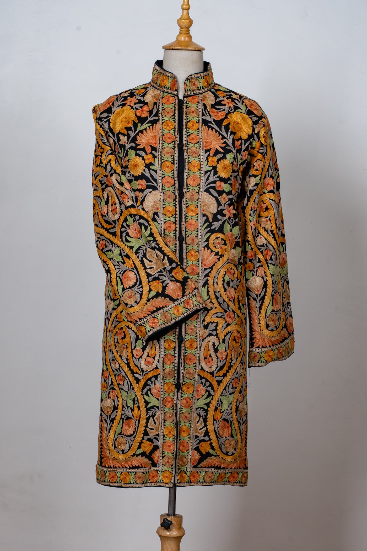 Noor-e-Zafran: Aari Embroidered Long Jacket in Black Base