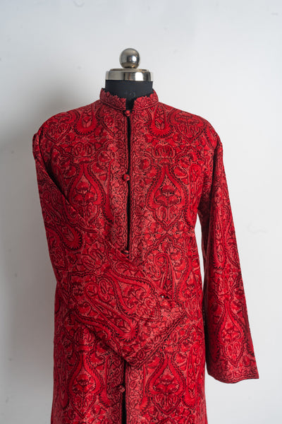 Heavily Hand-Embroidered Crimson Majesty Jamawar Jacket