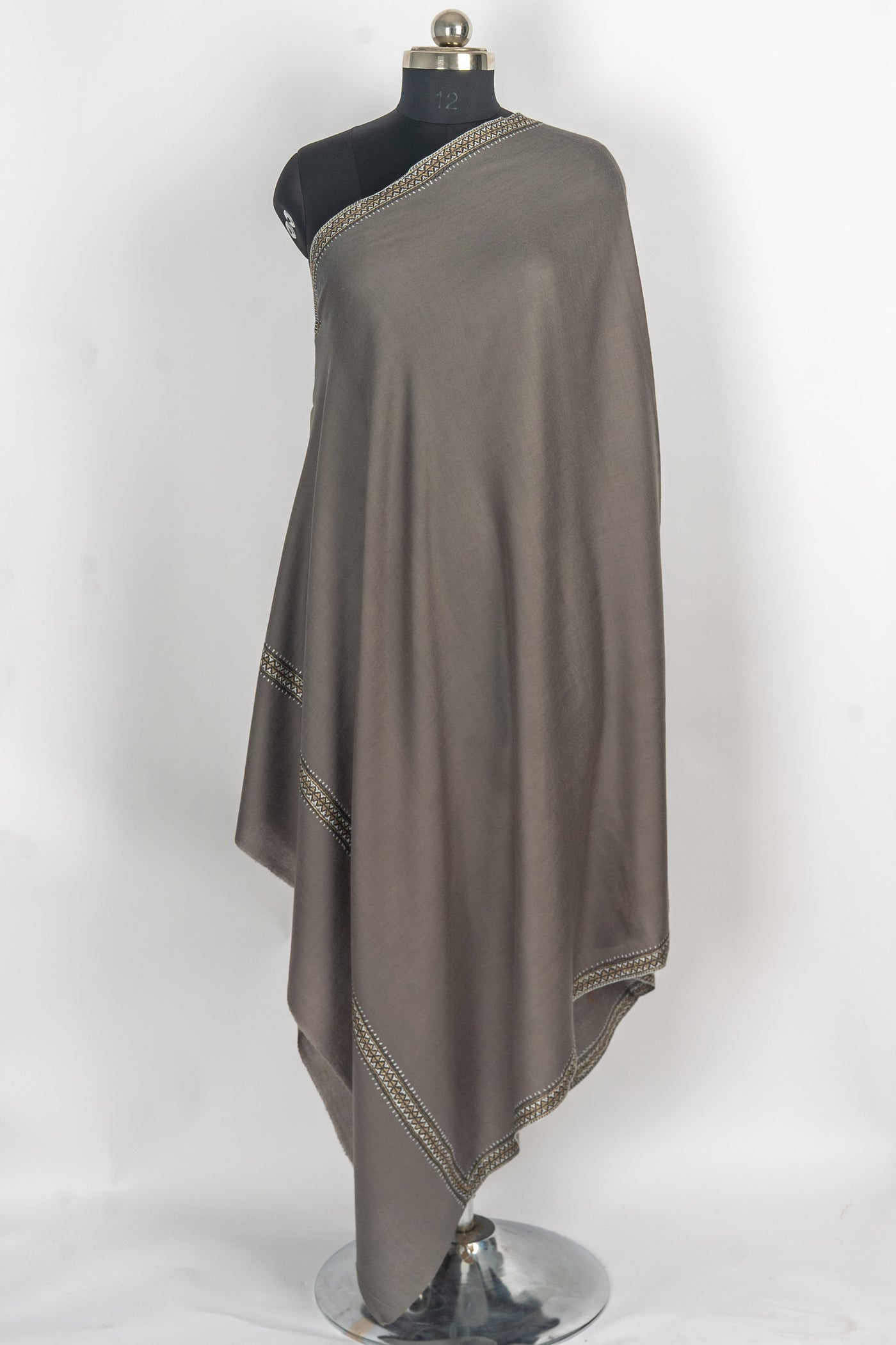 Earthy Glamour: Hand-Embroidered Sozni Border Merino Wool Shawl in Taupe