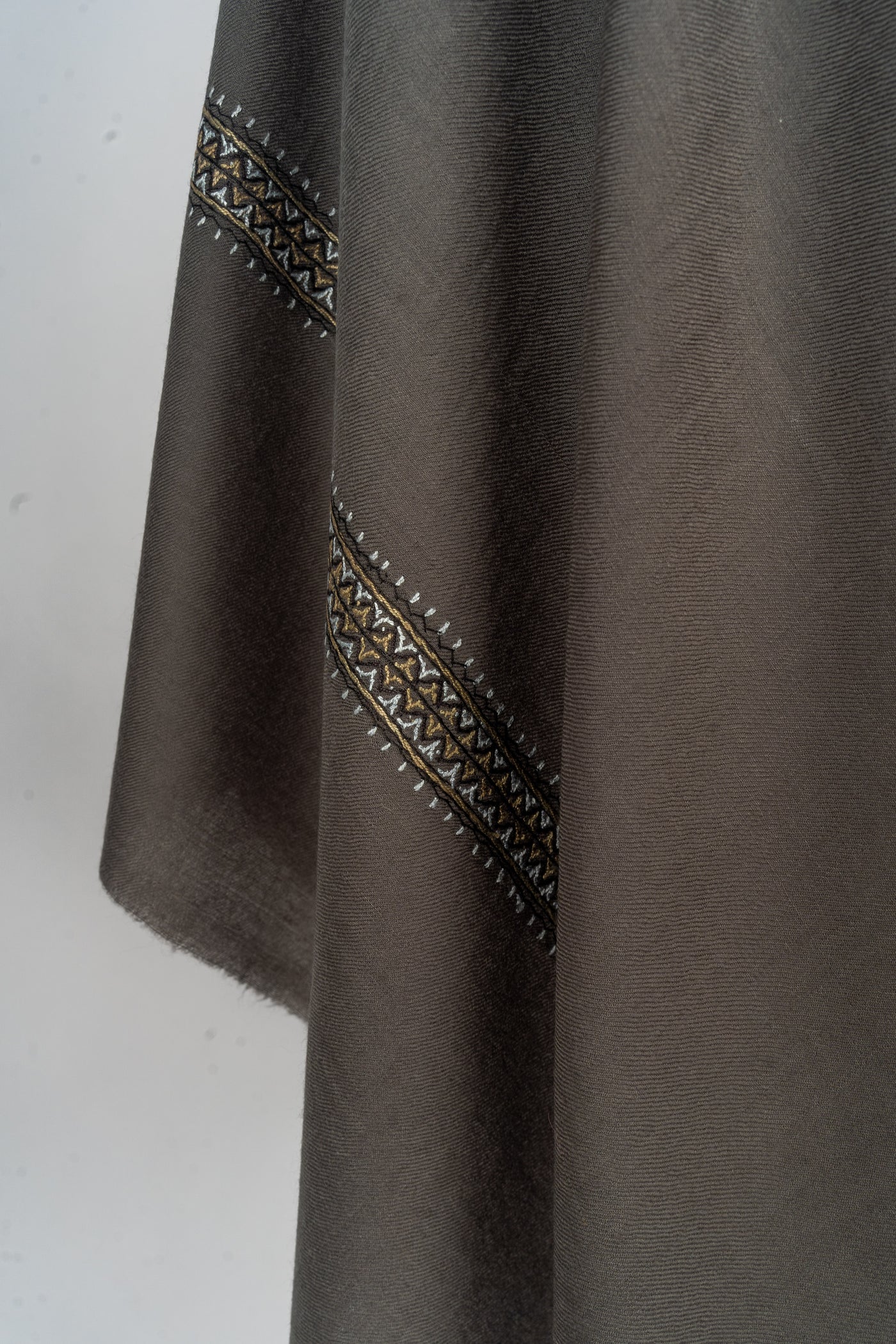 Earthy Glamour: Hand-Embroidered Sozni Border Merino Wool Shawl in Taupe