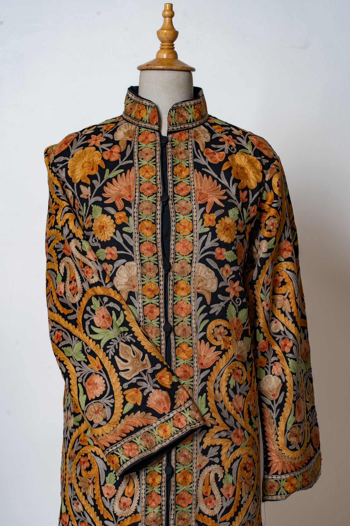 Noor-e-Zafran: Aari Embroidered Long Jacket in Black Base