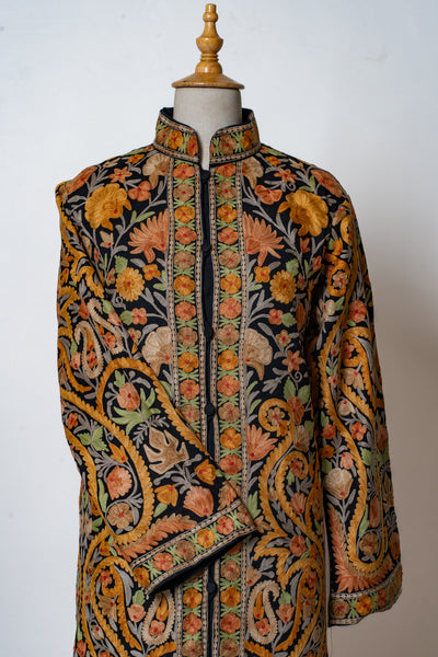 Noor-e-Zafran: Aari Embroidered Long Jacket in Black Base