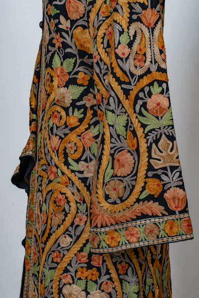 Noor-e-Zafran: Aari Embroidered Long Jacket in Black Base
