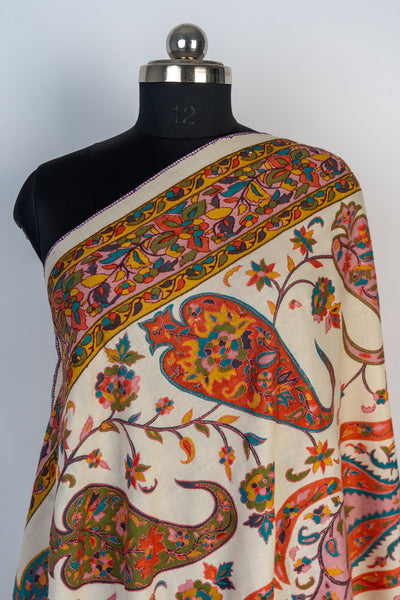 Kalamkari Shawl: Hand-Embroidered Sozni Merino Wool Shawl in Ivory Splendor