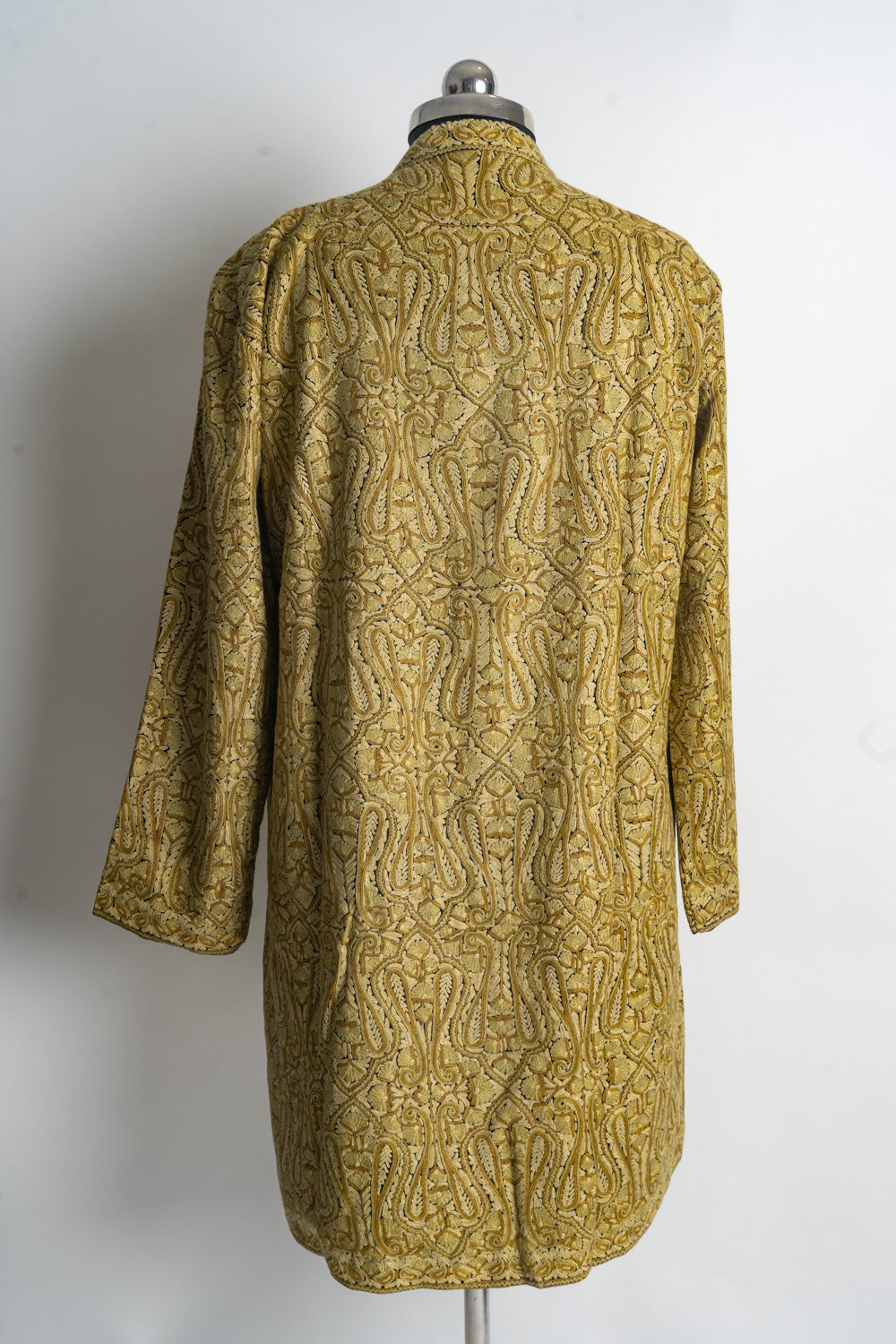 Hand-Embroidered Golden Heritage Jamawar Kashmiri Embroidery Long Jacket