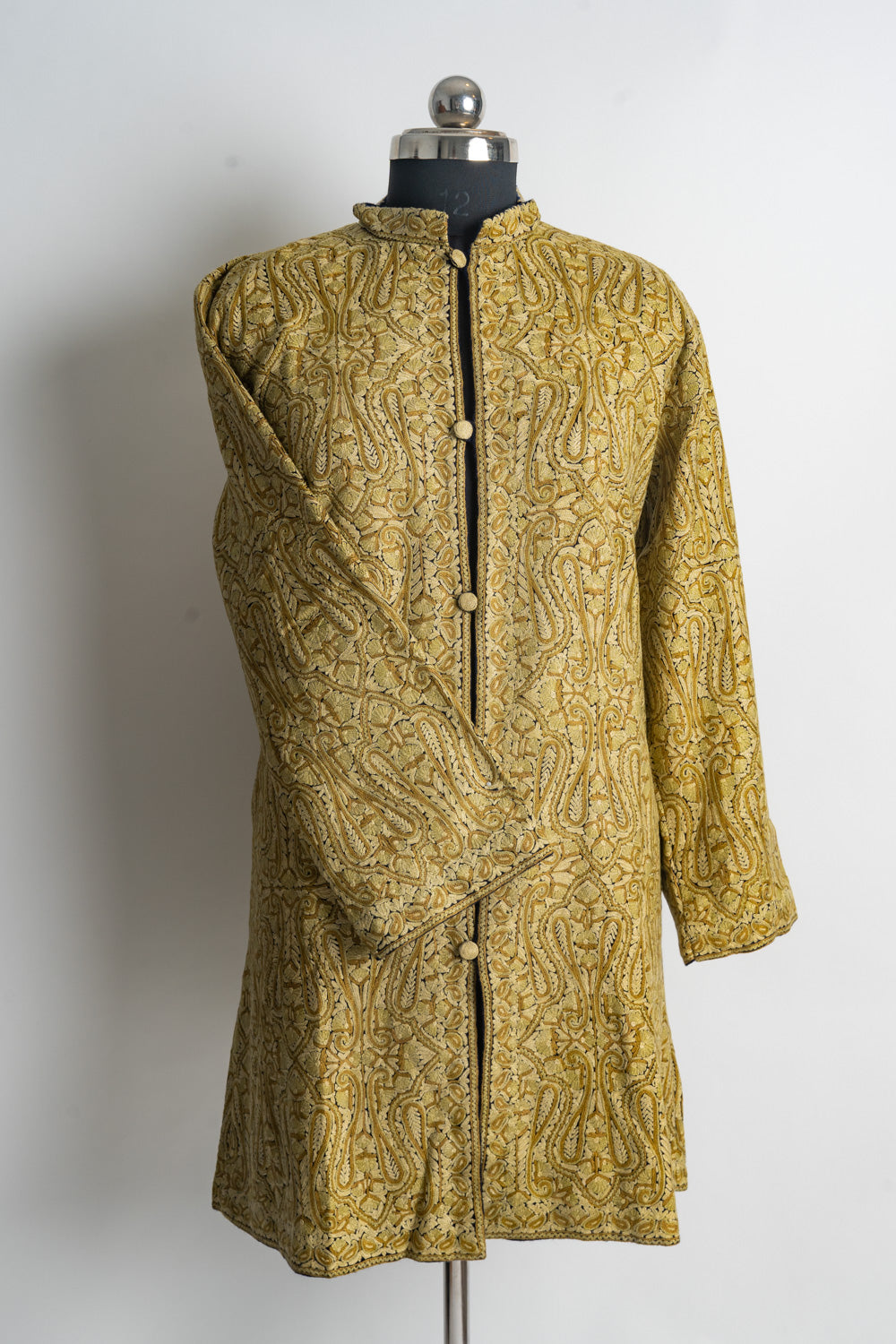 Hand-Embroidered Golden Heritage Jamawar Kashmiri Embroidery Long Jacket