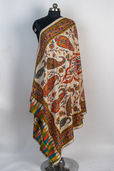 Kalamkari Shawl: Hand-Embroidered Sozni Merino Wool Shawl in Ivory Splendor