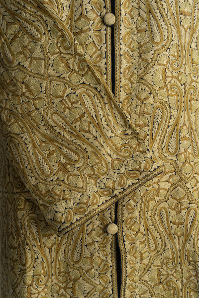 Hand-Embroidered Golden Heritage Jamawar Kashmiri Embroidery Long Jacket