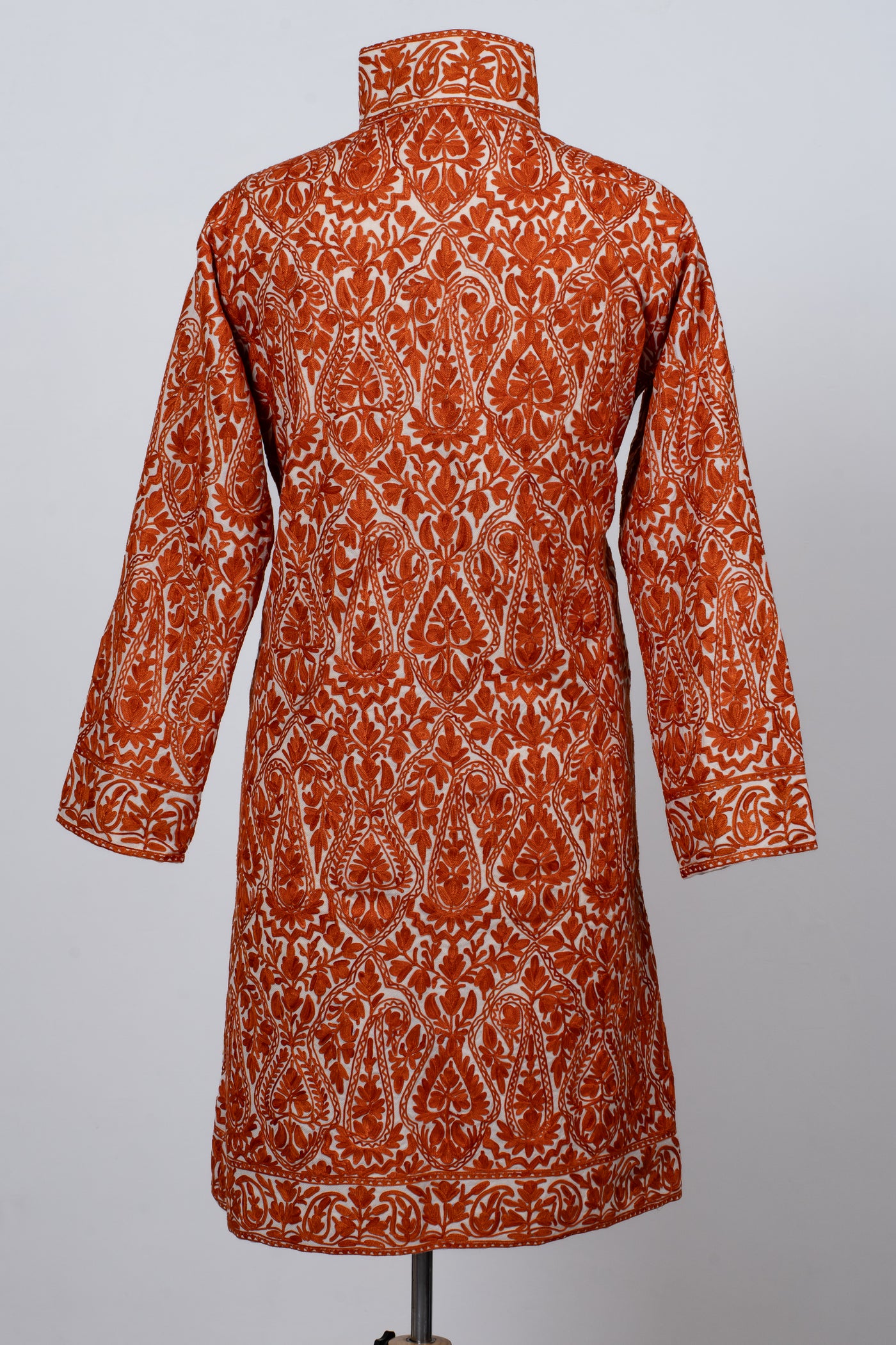 Kesar Aura: Aari Embroidered Long Jacket in Fiery Saffron