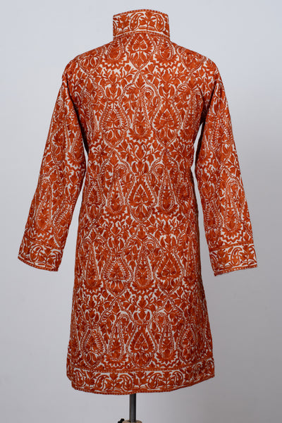 Kesar Aura: Aari Embroidered Long Jacket in Fiery Saffron