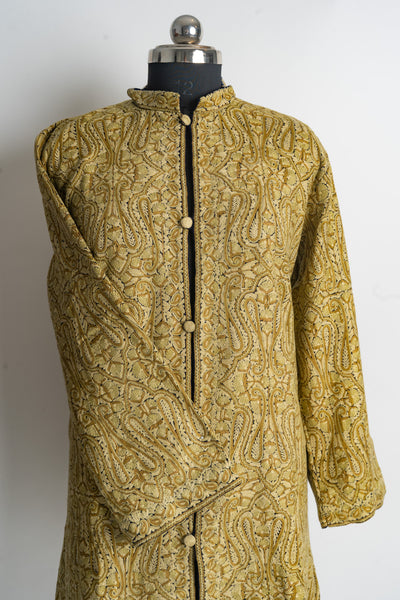 Hand-Embroidered Golden Heritage Jamawar Kashmiri Embroidery Long Jacket