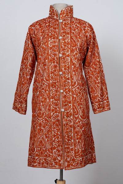 Kesar Aura: Aari Embroidered Long Jacket in Fiery Saffron